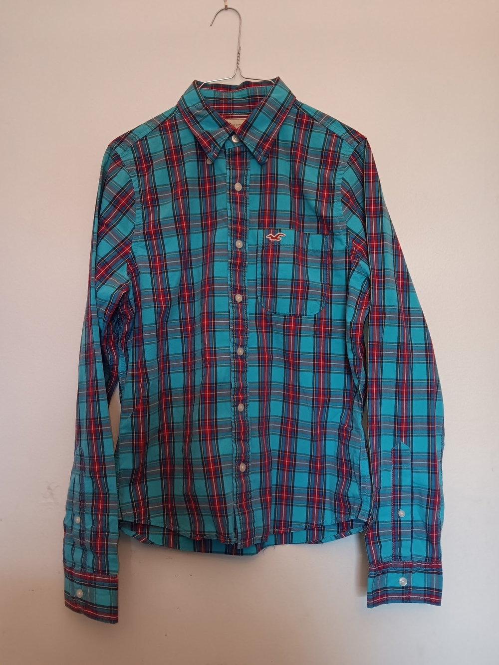 Hollister Men's Teal and Red Plaid Button-Down Shirt (Price Is Firm)